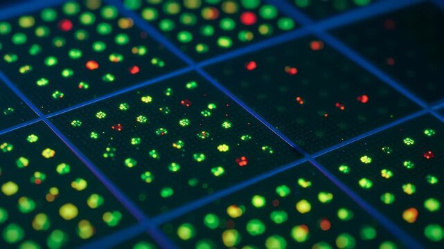 Bio chip innovation engineering technology scientific research medical development with fluorescent bio samples grid plates for advanced