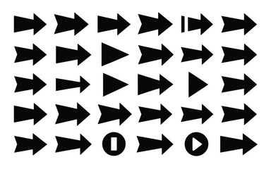 Vector art of collection of different arrow shapes pointing to the right isolated on white background