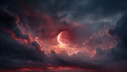 Blood moon shrouded in dramatic clouds