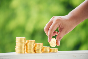 Finance Plan coin stack hands protect Debt loan Home financial plan coin stack concept. Investment plan stack gold money wealth bank. Financial advice planning budget investment insurance concept