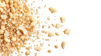 Roughly chopped raw cashew nut pieces isolated on white background
