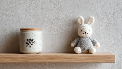 Fototapeta premium A light beige ceramic jar with a wooden lid and a gray knitted rabbit on a light wooden shelf against a light beige wall