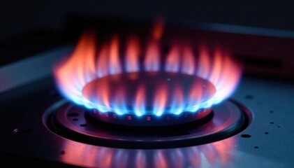 Intense red and blue gas burner flames, close up, blue, gas stove