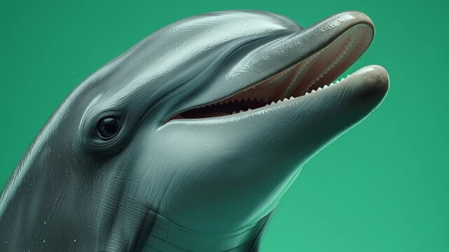 Close up of a gray dolphin with a smooth skin texture against a green background in the water green screen animal video