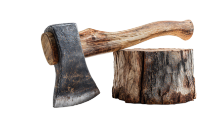 Axe with a wooden handle on a stump isolated on white background, Camping equipment, holiday vacation. 3d rendering