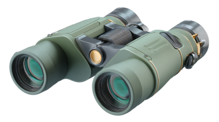 Binoculars isolated on white background, Camping equipment, Summer camp concept, holiday vacation. 3d rendering.