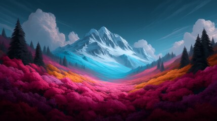 Obraz premium Enchanted Garden of Paradise: A Dreamy Landscape with Vibrant Flowers, Majestic Trees, and Glowing Valley Illuminated by Soft Sunlight