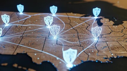 Digital Shield: A dynamic map visualization, showcasing an intricate digital security network overlaid on a detailed geographical rendering, symbolizing robust protection and connectivity. - Powered by Adobe