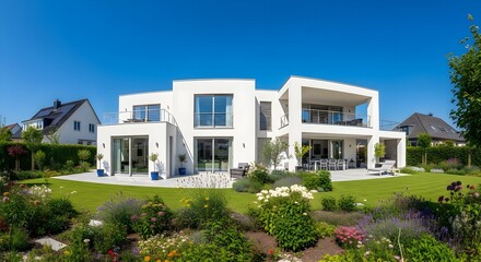 Pristine White Modern Villa with a Vibrant Landscaped Garden on a Sunny Day