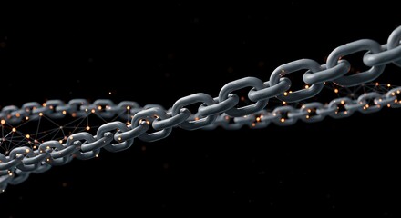 A strong metal chain intertwined with a glowing orange digital network representing blockchain technology.