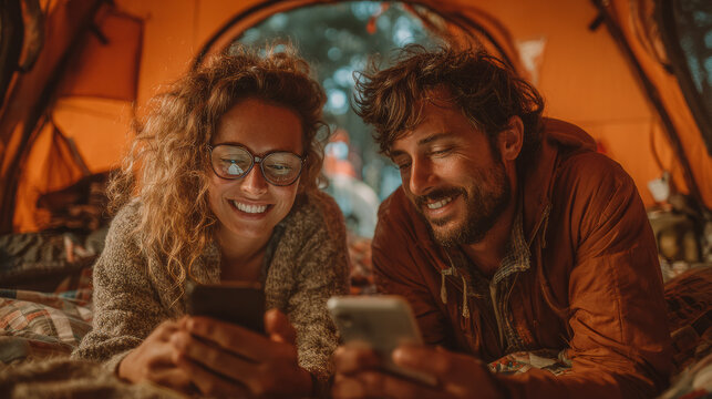 White couple using cellphones and sitting in tent during camping together on summer day - Powered by Adobe