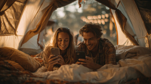 White couple using cellphones and sitting in tent during camping together on summer day