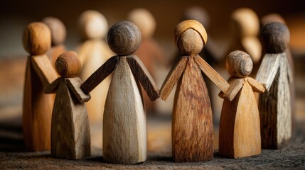 Wooden figures holding hands in a circle, symbolizing unity, connection, and the strength of community and family bonds.