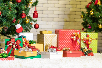 Decorated Christmas tree on colorful bokeh background. Merry Christmas and Happy Holidays. Christmas holiday celebration. Happy new year concept.