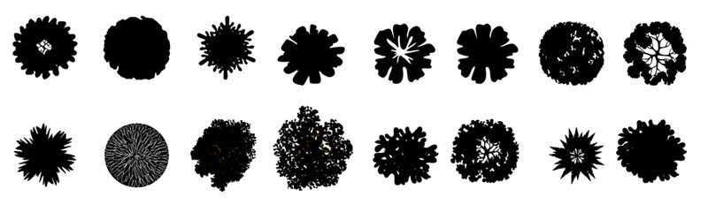 Tree top view vector silhouette collection in various styles. Perfect tree top for architectural plans, landscape design, and environmental presentation, offering diverse tree canopy shapes