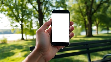 Over the shoulder view of a person holding a modern smartphone with a blank white screen, relaxing in a sunlit park with trees.