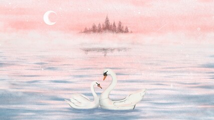 Pastel couple swan computer wallpaper, cute design 4K background