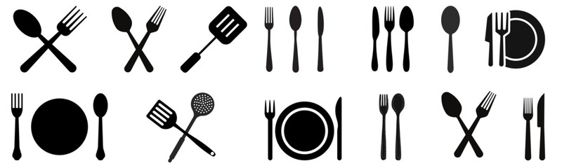 Kitchen utensils and cutlery icons set including knives, forks, spoons, spatulas, whisks. 