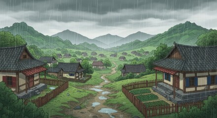 Scenic Korean village landscape under heavy rain, showcasing traditional architecture and lush green mountains in background.