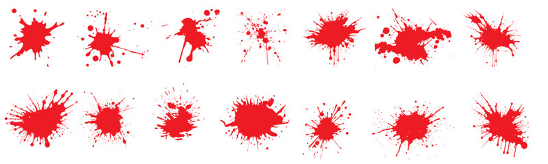 Blood splatter vector set, realistic red stains, drops, handprint. Ideal for horror, crime scene, Halloween designs.