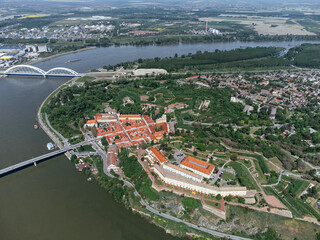 Drone areal shot of Petrovaradin fortress located on the Danube River bank across from Novi Sad. Serbia.