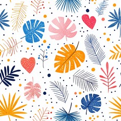 Colorful Tropical Leaf Seamless Pattern with Hearts