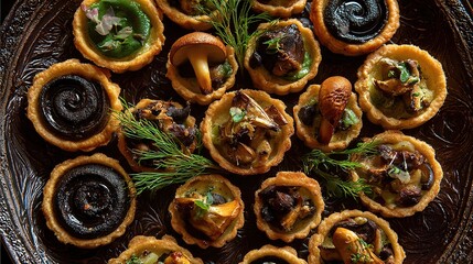 Platter of various mushroom tarts & pies arranged with dill on a textured surface