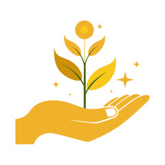 Golden Hand Holding Seedling Vector, Nurturing Gratitude and Growth Concept