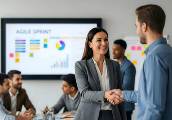 Obraz premium Portrait of friendly female boss shaking hands with new team member on sprint meeting 