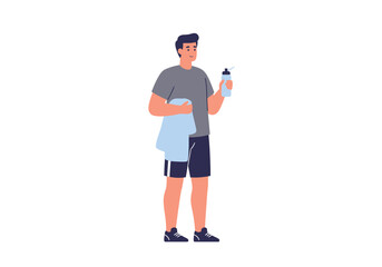 Athletic Man with Water Bottle and Towel After Workout.