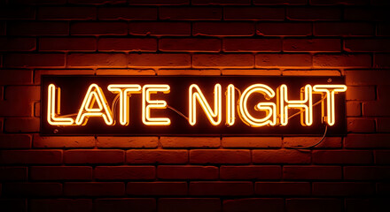 Illuminated late night neon sign on a brick wall creating a warm and inviting atmosphere indoors