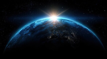Obraz premium Glowing blue Earth with cosmic sunrise against starry black space, high-resolution astronomy template for educational materials and sci-fi visuals.