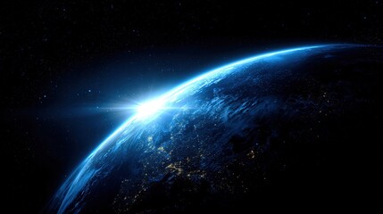 Obraz premium Glowing blue Earth with cosmic sunrise against starry black space, high-resolution astronomy template for educational materials and sci-fi visuals.