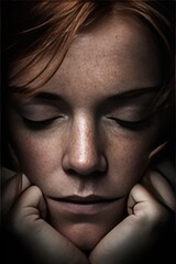 Fototapeta premium Contemplative young woman with closed eyes, freckles, and pensive expression, emphasizing tranquility, introspection, and natural beauty