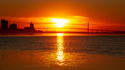 Sunset under the suspension bridge. 