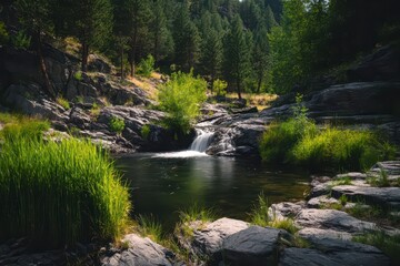 Naklejka premium Mountain stream cascading into a tranquil pool, surrounded by lush greenery and rocks
