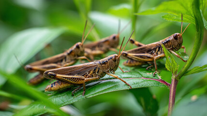 Group of grasshoppers perched on green leaves in natural environment