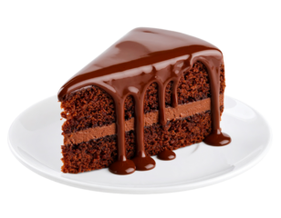 Chocolate Cake Slice with Melting Ganache in Painterly Illustration Style, 3/4 Angle, isolated