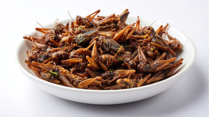 Obraz premium Crispy fried grasshoppers served in white bowl, popular edible insect snack