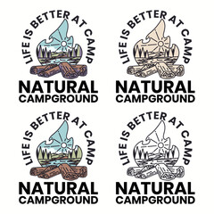 Vintage hand drawn illustration camping with campfire logs and flame shaped like a scenic landscape featuring mountains, trees, and river