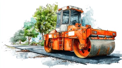 Vibrant illustration of a road roller on a freshly paved road, amidst trees and foliage.  Watercolor-style artwork with a focus on outdoor construction