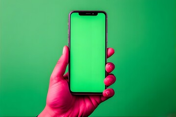 Hand holding smartphone with green screen, perfect for app mockups and digital concepts