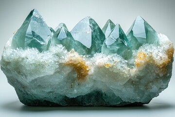 A cluster of vibrant teal crystals, nestled within a matrix of clear quartz
