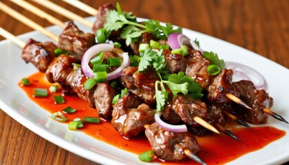 Grilling savory skewered beef with sauce local market food photography rustic setting close-up view culinary delight