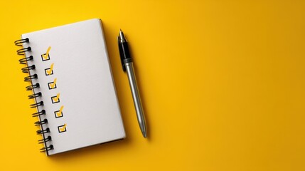 A blank notepad with a checklist and a pen rests on a vibrant yellow , symbolizing planning and organization for tasks.
