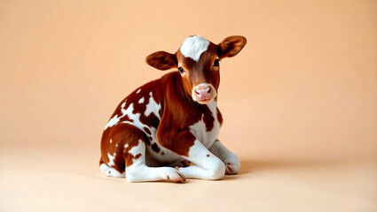 Cute Spotted Calf Sitting with Folded Legs – Brown and White Baby Cow on Neutral Beige Backdrop with Soft Lighting and Right-Side Copy Space for Minimalist Farm Animal Themes