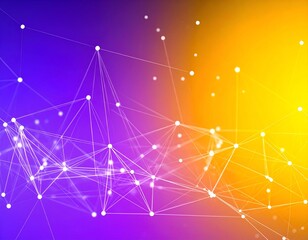 Abstract digital network illustration with interconnected dots and lines on a vibrant purple and orange gradient background.
