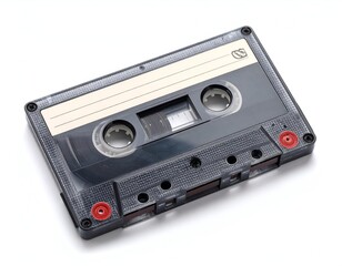 Obraz premium Classic black audio cassette tape on a clean white background, showcasing vintage music technology and retro recording media. Perfect for themes of nostalgia, retro tech, and sound.