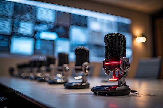 Professional microphones ready for podcasting or recording in modern studio environment - Powered by Adobe