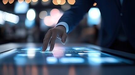 Businessman's hand in a suit interacts with a glowing futuristic digital touchscreen table